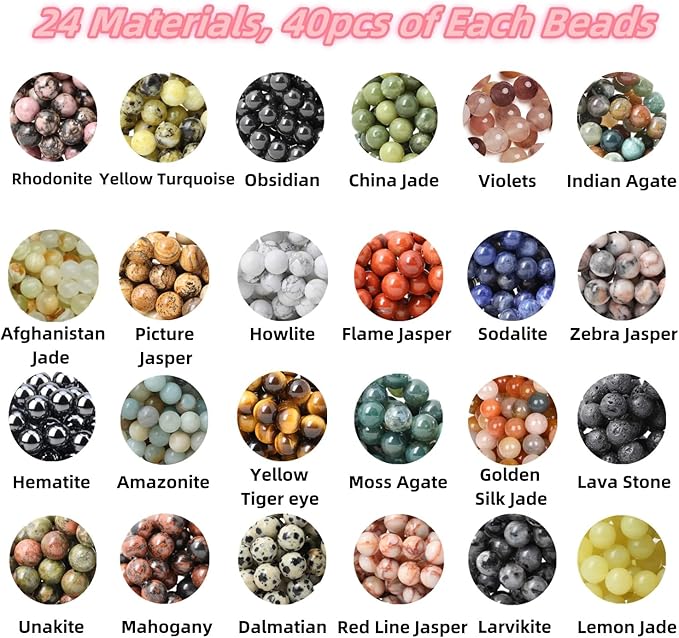 960pcs Natural Stone Beads Polished Beading 6mm Loose Beads Gemstone Crystal Energy Stone Healing Power for DIY Jewelry Making (6mm 24 Materials R2)