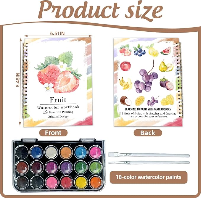 Watercolor Workbook, Water Coloring Book, 12 Different Patterns of Original DIY Designs, 18 Colors Watercolor Paint Set, Beginner-Friendly Watercolor Workbooks (Fruits), Perfect Gifts for Adults