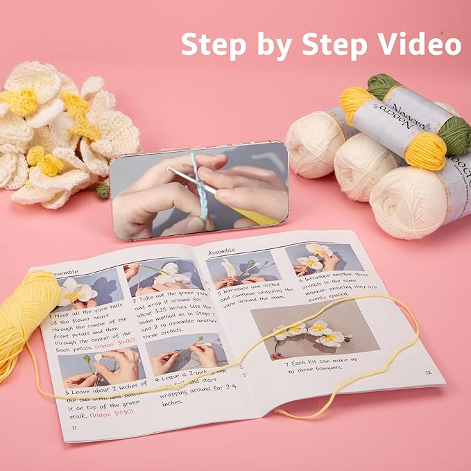 Noocro Crochet Kit Flower Bouquet, Rose, Lily Myosotis, Poppy, Tulip and Orchid with Video Tutorial and Detailed Instructions, Complete Kit Craft Supplies Holiday Gift (Orchid)