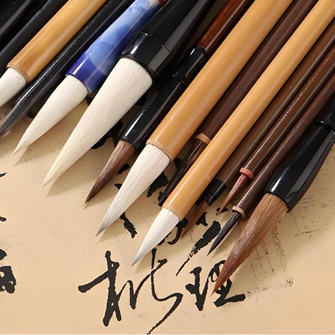 16 Pieces Chinese Calligraphy Brush Set, Sumi Brushes with Roll-up Bamboo Holder, Sturdy Japanese Watercolor Painting Writing Brushes, Kanji Art Drawing Brushes for Beginners