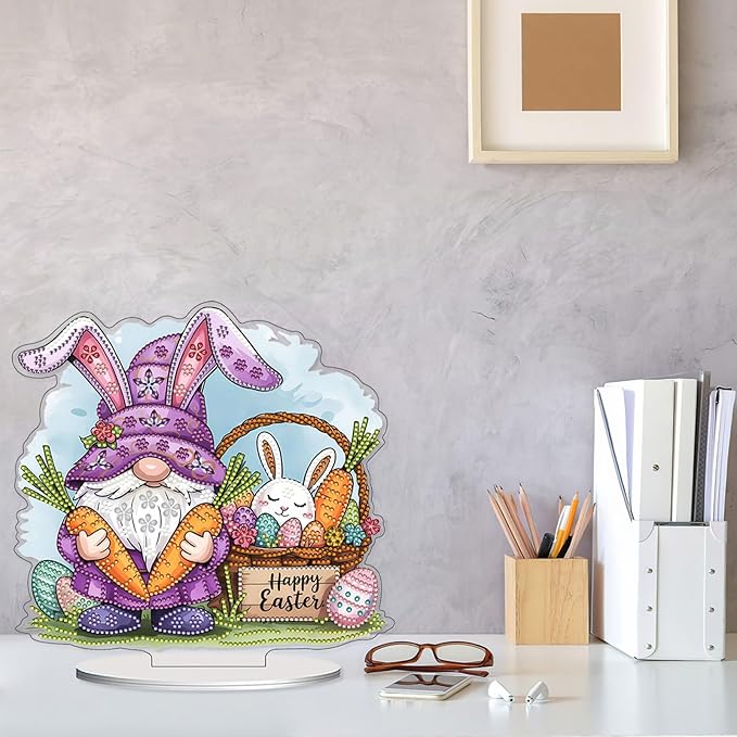VODAPYC Easter Diamond Art Tabletop, DIY Stand Up Double Sided Special Shaped Partial Diamond Art Desktop Ornaments for Home Decor (Easter Gnome)