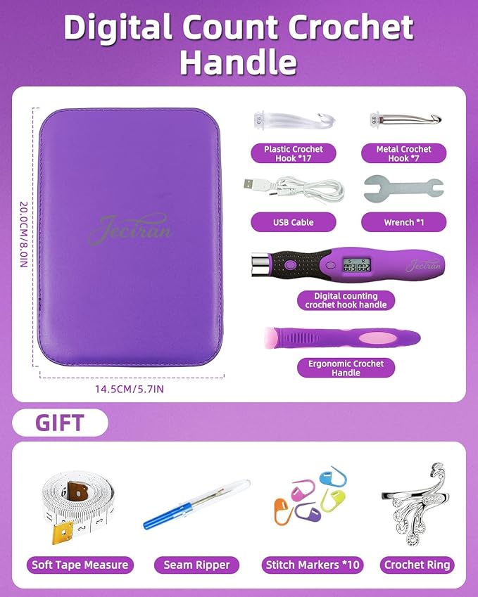 Upgraded Counting Crochet Hook Set - 24-in-1 Interchangeable Hooks Kit - Light Up, Digital Stitch & Row Counter- No Need to Move Fingers- Ergonomic for Arthritic Hands - Cool Gift
