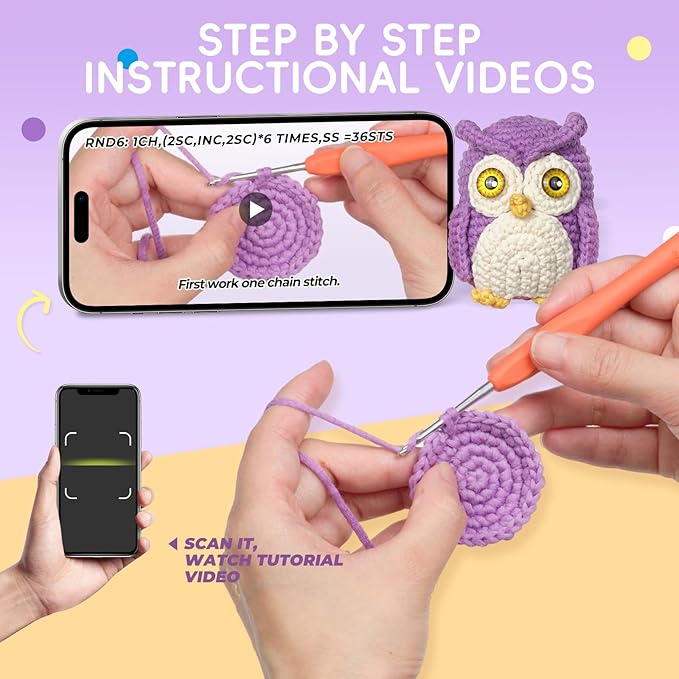 LUDOTEK Crochet Kit for Beginners, Crochet Animal Kits,Crocheting Kit for Starters with Step-by-Step Video Tutorials, Beginner Crochet Kits for Adults(2 Pack owl)