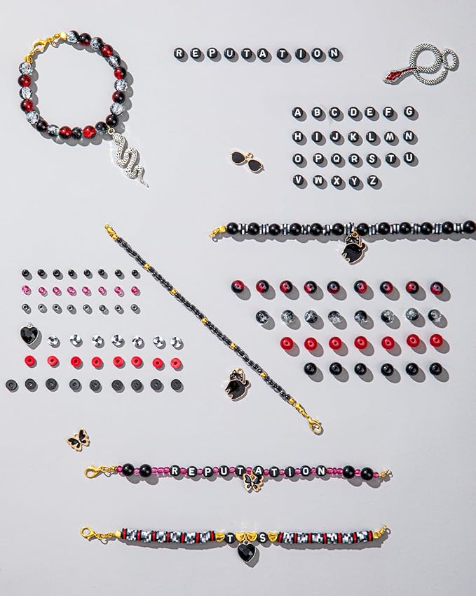 Goldwise REP Era Inspired Adult Jewelry Design Bead Set for Fans – 2 Storage Boxes with Black, White & Red Glass and Clay Beads, Snake & Cat Symbolic Charms