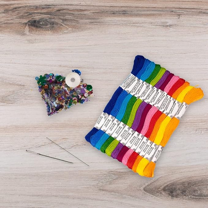 embroidery floss trim set – 12 skeins, 8.7 yards each – assorted sequins & beads, 2 needles, sewing thread & stitch diagrams