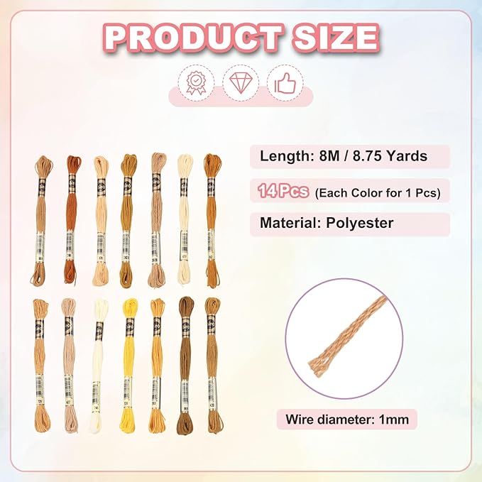 PATIKIL 14 Skeins Embroidery Floss, Polyester Embroidery Threads Bracelets String for Cross-Stitch Hand Embroidery, Multicolored Brown