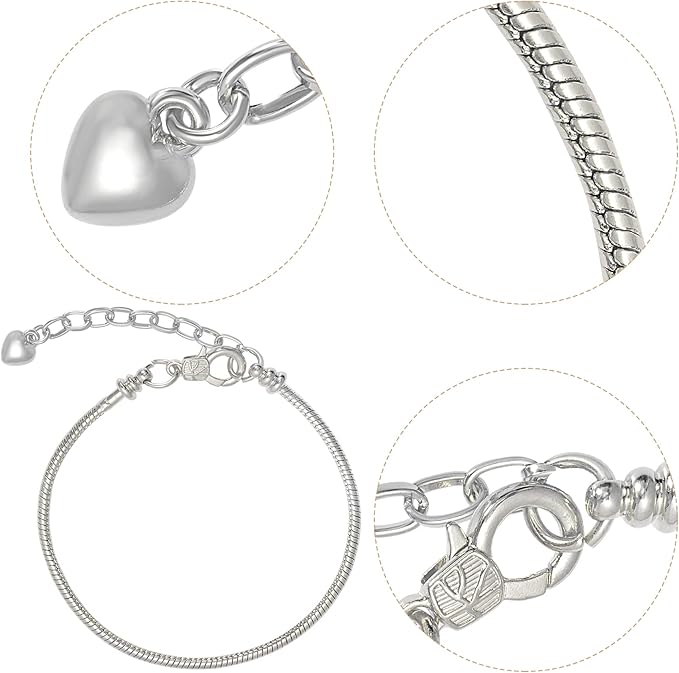 tiggell 10pcs Chain Bracelets Kit Silver Plated Snake Chain with Heart Lobster European Charm Bracelet for Christmas DIY Women Jewelry Findings Bracelet Making (Silver)
