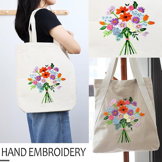 CREAWONDER Canvas Tote Bag Embroidery Kit with Pattern for Beginners, Arts and DIY Embroidery Crafts Kits for Adults, Include Instructions, Thimble, Embroidery Hoops, Color Threads and Tool