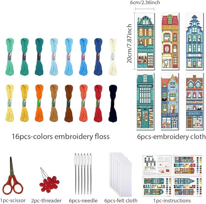 FREEBLOSS 6 Set Cross Stitch Bookmark Kit Stamped Cross Stitch Kit Street View Pattern Embroidery Set with Instruction for Adults 8''*2.4''