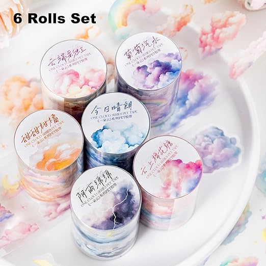 Cloud PET Tape Set, 6 Rolls Pre-Cut Sky Ephemera for Junk Journaling, Scrapbooking, Crafting, DIY Projects, Diaries, and Art Supplies