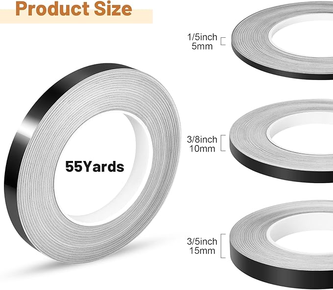 Zonon 3 Sizes Black Self Adhesive Polyester Film Tape Washi Tape for Car Furniture Graphic Arts Walls Decor, 55 yds(5/10/15mm)