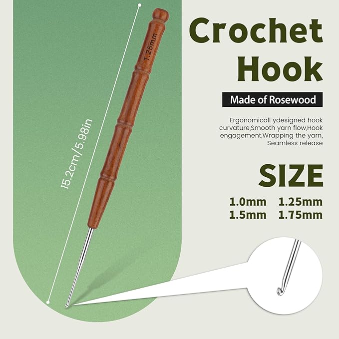 Wuadua 1/1.25/1.5/1.75mm Crochet Hook Set, 4Pcs Ergonomic Crochet Hooks with Wooden Handle, Crochet Needle for Arthritic, Ideal for Lace Thread, Perfect for Miniature Delicate Items