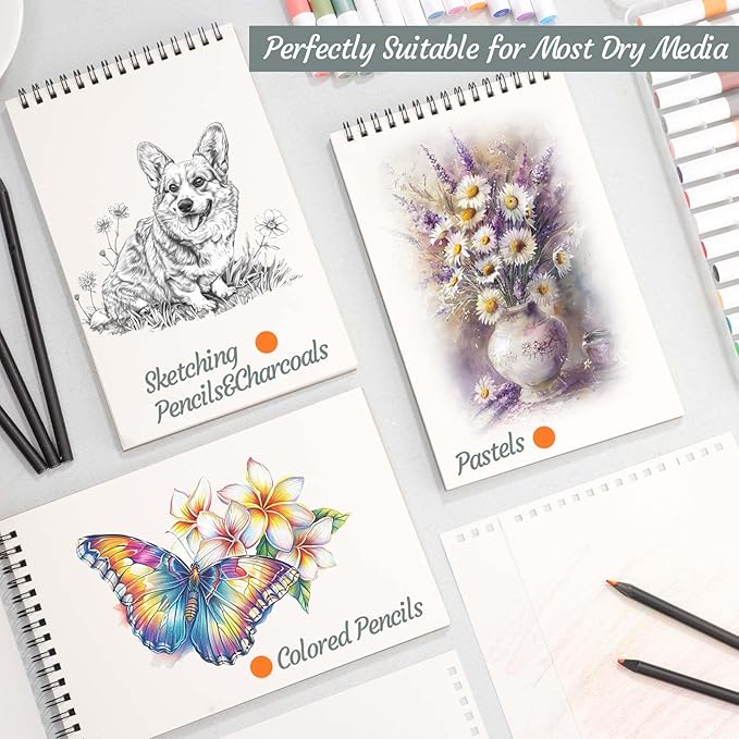 12 pack sketch book, 5.5 x 8.5 inch sketchbook, 68lb/100gsm top spiral bound sketch pad, acid free art supplies drawing painting sketching paper for adults, beginners, artists (30 sheets each)