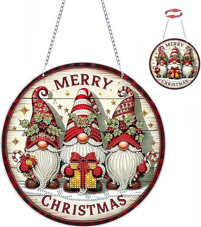 Diamond Art Kit for Adults Christmas Gnomes Special Gem Two-Sided Pattern Design Diamond Art Pendant Kit Hanging Ornament for Home Wall Door Holiday Decor