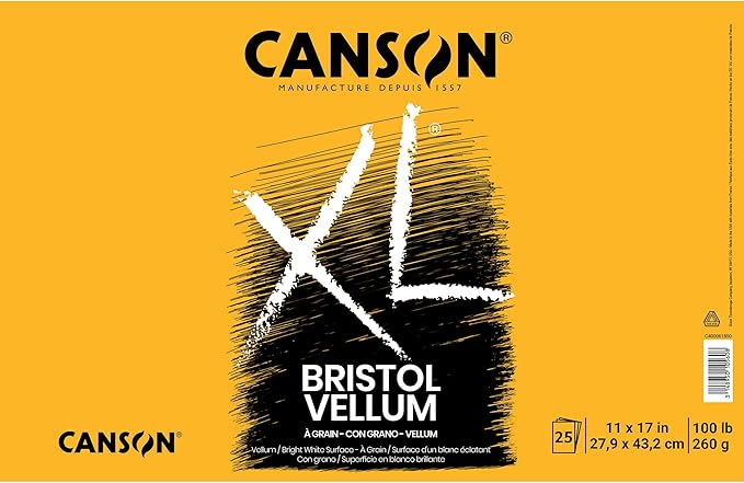 Canson XL Series Bristol Paper, Vellum, Foldover Pad, 11x17 inches, 25 Sheets (100lb/260g) - Artist Paper for Adults and Students - Charcoal, Pen and Ink, Marker, and Pastel