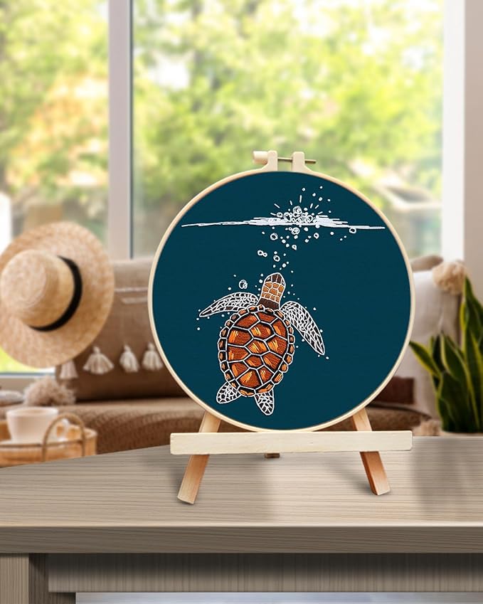 TINDTOP Embroidery Kit for Beginners Adult, Turtle Embroidery Practice Kit for Beginners Include Embroidery Cloth Hoops Threads for Craft Lover Hand Stitch with Embroidery Skill Techniques