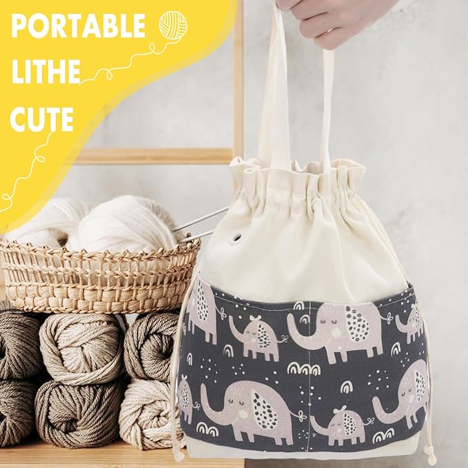 Crochet Bag, Handy Knitting Project Yarn Bag, Crochet Accessories Yarn Storage Organizer, Knitting Bags and Totes for Crocheting on The Go, 12x13x5'' (Gray Elephant, Small)