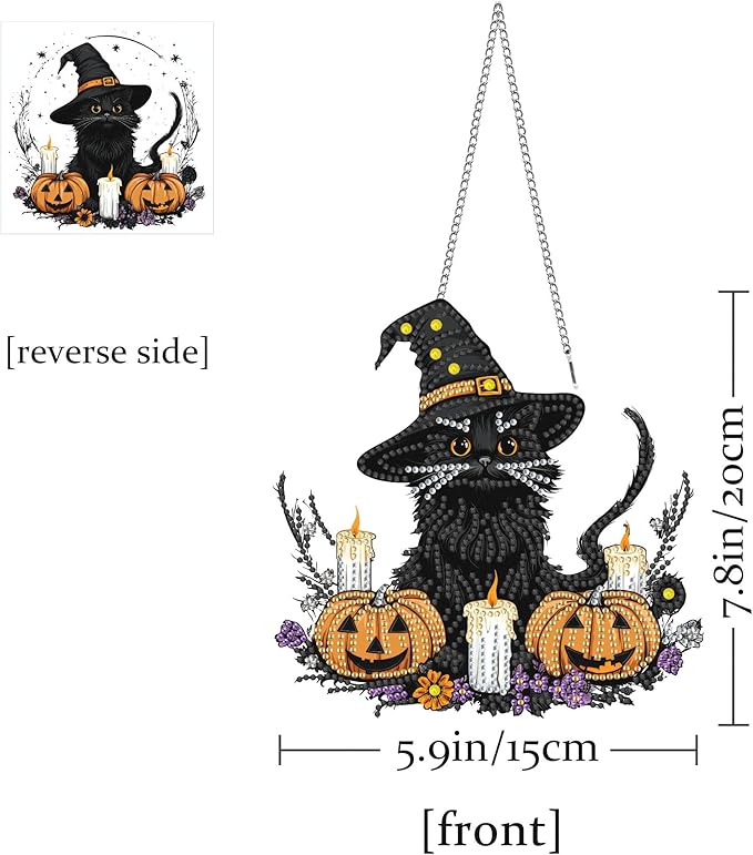 Pavemlo Hanging Diamond Art Kits for Adults Halloween Cat – 8x8 Inch Double-Sided Acrylic Board DIY Crystal Diamond Suncatcher Pendant, Sparkling Home Wall or Window Decoration Handmade Gift
