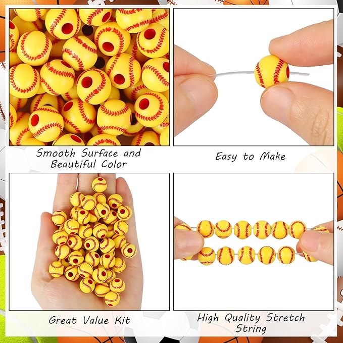 100pcs Baseball Beads with 5.5 Yard Elastic Rope,Acrylic Softball Beads Sports Bead DIY Spacer for Necklace Bracelet Keychains Handmade Jewelry Making Accessories Craft Supplies,12mm(Baseball)