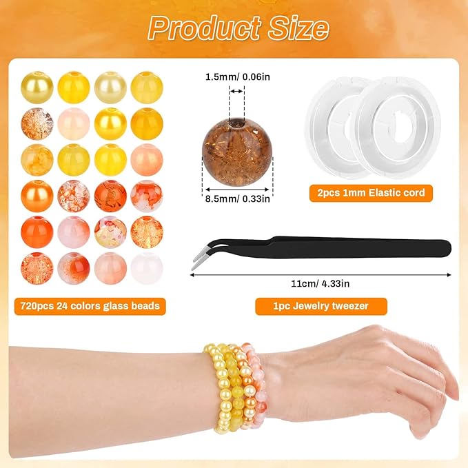 PAXCOO 720pcs 8mm Glass Beads for Jewelry - 24 Color Loose Beads for Bracelets, Earrings, Necklaces - Jewelry Making Supplies, Orange and Yellow