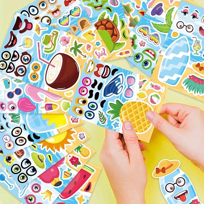 48 sheets summer stickers for kids, make a face sticker hawaii tropical pool beach sticker, make your own watermelon pineapple flamingo stickers for tropical luau party, summer holiday party favors