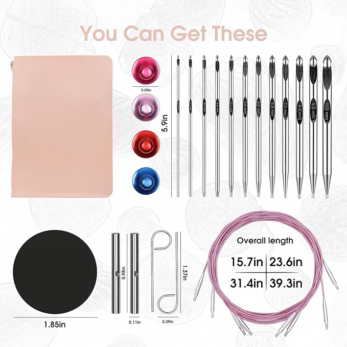 Tunisian Crochet Hooks Set Aluminum Metal Interchangeable Crochet Hook with Cable 3mm-10mm Ergonomic Crochet Hooks for Arthritic Hands 26Pic (Pink)