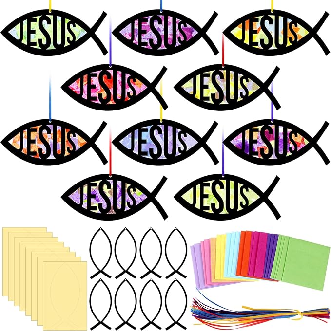 Motipuns 32 Sets Christian Fish Suncatchers Craft Kits DIY Easter Faith Fish Tissue Paper Crafts Religious Stained Glass Effect Tissue Paper Kit for Church Sunday School VBS Window Art