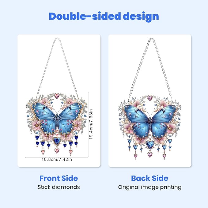 MXJSUA Special Shaped Hanging Diamond Painting Art Kits for Adults, Butterfly Flowers 3D Crystal Rhinestone Acrylic Gem Art Pendant Ornaments Kit for Home Decoration and Gift