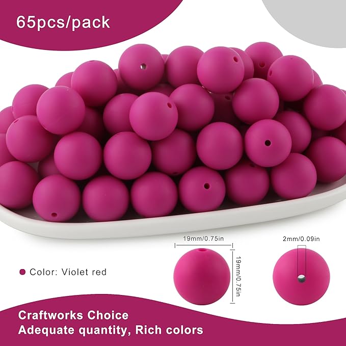 65Pcs 19mm Silicone Beads for Keychain Making Bracelet Necklace, Bulk Round Silicone Beads for Pens（Violet Red）