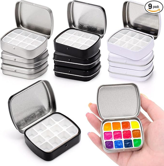 9 Pcs Mini Watercolor Tin Box, 12-Well Portable Paint Palette with Lid, Empty Metal Watercolor Storage Case, Paint Container for Artist Travel Indoor & Outdoor Sketching DIY Craft, 3 Color