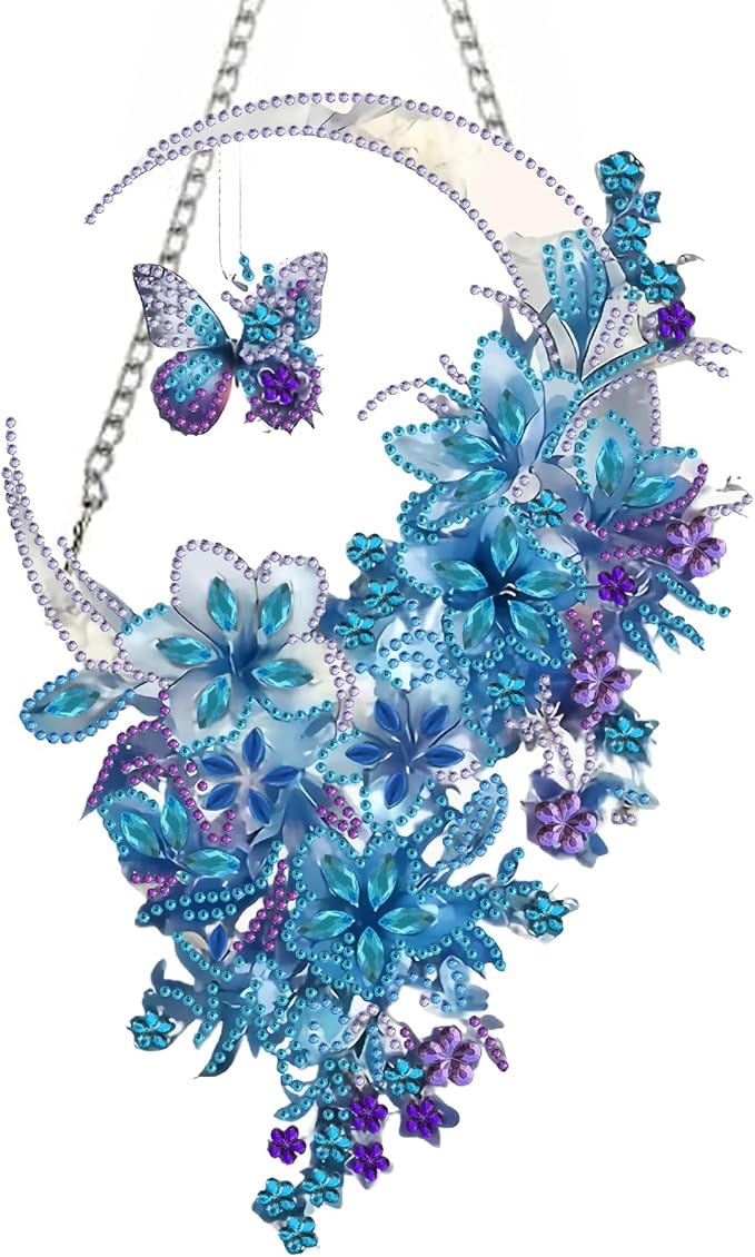 STGLCR Hanging Diamond Art Kits for Adults Pendant Moon, Special Shaped Crystal DIY Flower Diamond Painting Kit for Begginer, Acrylic Board Foral Moon Pendants for Home Decor 11.92 Inch Butterfly Blue