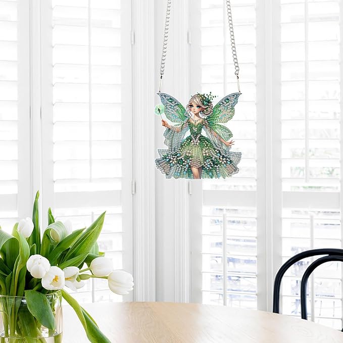 Diamond Art Painting Hanging Pendants Kits Green Butterfly Fairy DIY Crystal Rhinestone Wreath Kits, Colored Point Crystal Diamond Art Window Pendants Home Garden Wall Door Birthday Festival Gifts