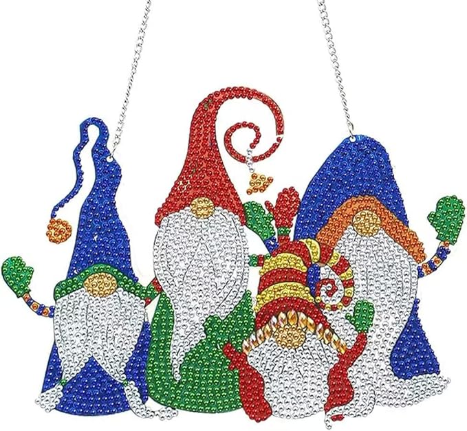 YEESAM ART DIY 5D Rhinestone Painting Christmas Decorations Hanging Kit, Four Dwarfs Gnomes Red Blue Green 22x17cm Rhinestone Art for Wall Door Window Decorations Hanging Mosaic Crafts Ornaments