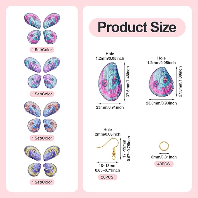 FASHEWELRY 16Pcs Resin Butterfly Wings Earring Charms Turquoise Pink Purple Fairy Wing Pendants Oaw Animals Print Feather Charms with Jump Rings Earrings Hooks for DIY Earring Jewelry Making