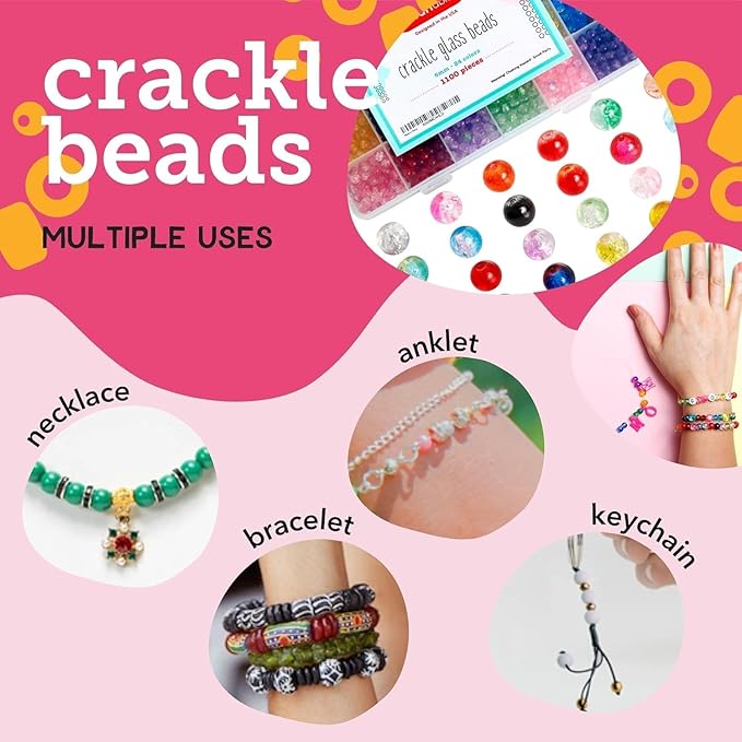 Incraftables Crackle Glass Beads 1100pcs 24 Colors. Crystal Beads for Jewelry Making Kit (6mm) for Bracelets Making for Kids & Adults with Elastic String & Organizer.