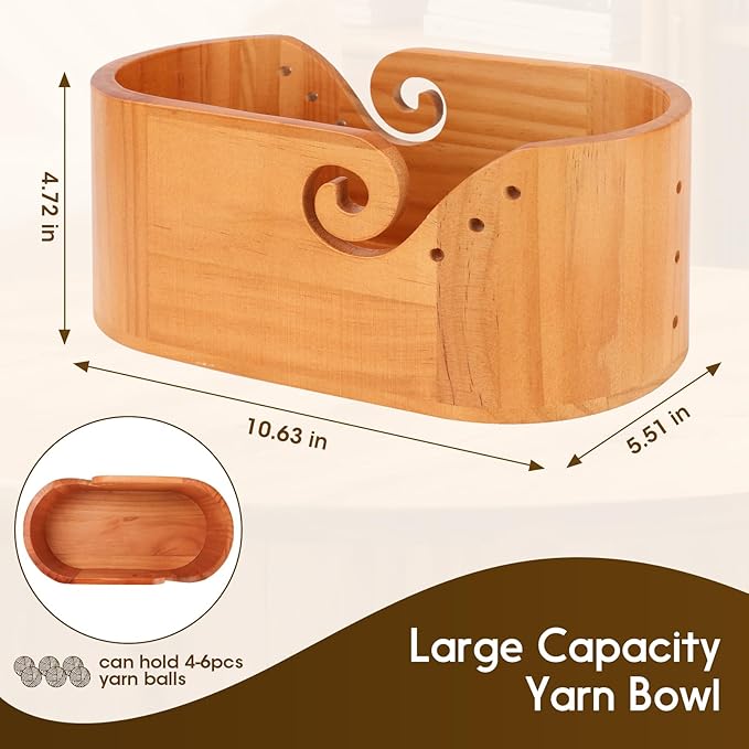 Large Wood Yarn Bowl with Lid, Crochet Yarn Holder with 7pcs Knitting Hooks, No-Tangle Design, Yarn Storage Crochet Bowl Knitting at Home, Café, Park, Craft Gatherings Rectangle