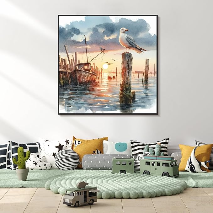 Yezavesu Framed Paint by Numbers Kit for Adults Beginner & Kids Ages 8-12, Seagull Paint by Numbers Without Easel, DIY Number Painting for Adults Sunset for Home Wall Decor Gift 10x10 inch