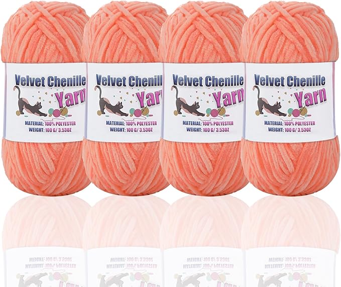 4 * 100g Fluffy Velvet Chenille Yarn for Crocheting and Knitting, Handcrafts Weaving Soft Chenille Yarn for Crocheting Clearance, Used for Making Baby Yarn Blanket, Clothes, DIY Craft (Apricot Color)