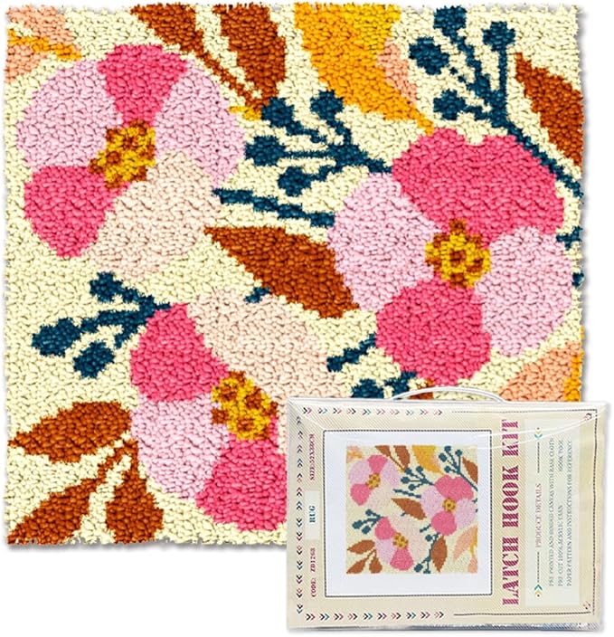 ORIGACH Vintage Flower & Plant Latch Hook Rug Kit for Adults Printed Rug Making Kit Handmade Carpet Tapestry Cover with Hook Latch and Preprinted Canvas, Home Arts Crafts Sofa Decor, 19.6x19.6inch