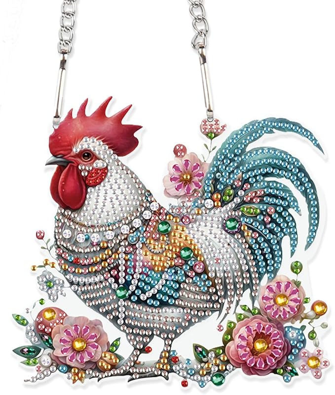 5D DIY Diamond Painting Pendant Kit – Rooster with Floral Design, Handmade Acrylic Diamond Art Hanging Ornament for Wall Window Home Decoration and Gift