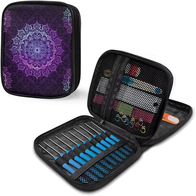 Hechitok Mandala Purple Crochet Hook Case Without Hooks and Accessories Zipper Storage Organizer Bag with Web Pockets for Various Crochet Needles Accessories Crochet Hook Kit Tools
