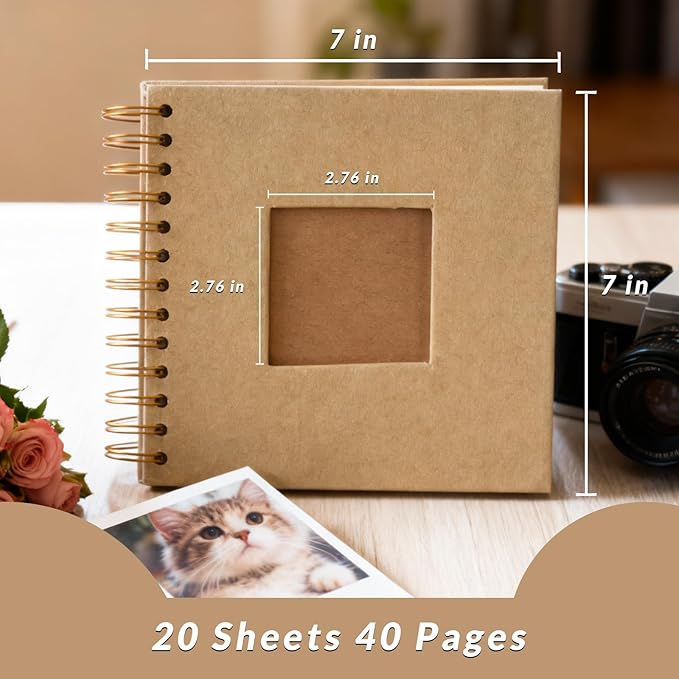 7×7 Inch Scrapbook Photo Album 40 Pages, Hardcover Kraft Paper with Window Memory Book for Wedding Travel Anniversary Baby Scrapbook Kit Flower & Letters & Corner Stickers Drawing Stencils