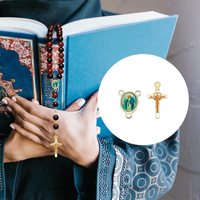 60Pcs/30Sets Rosary Making Kits Supplies Alloy Religion Cross and Center Medal Charms Pendant Oval Chandelier Links for Diy Prayer Necklace Jewelry