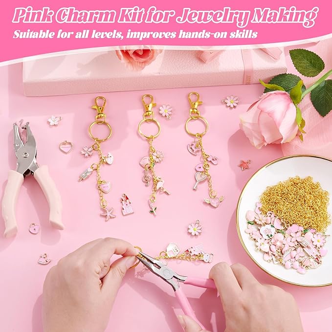 PYURTHITY 254 Pcs Pink Charms Lip Gloss Keychain Making Kit Include Pink Gold Enamel Charms Keychain Clips Extender Chains Jump Ring Plier DIY Jewelry Crafts Gifts for Women Adults