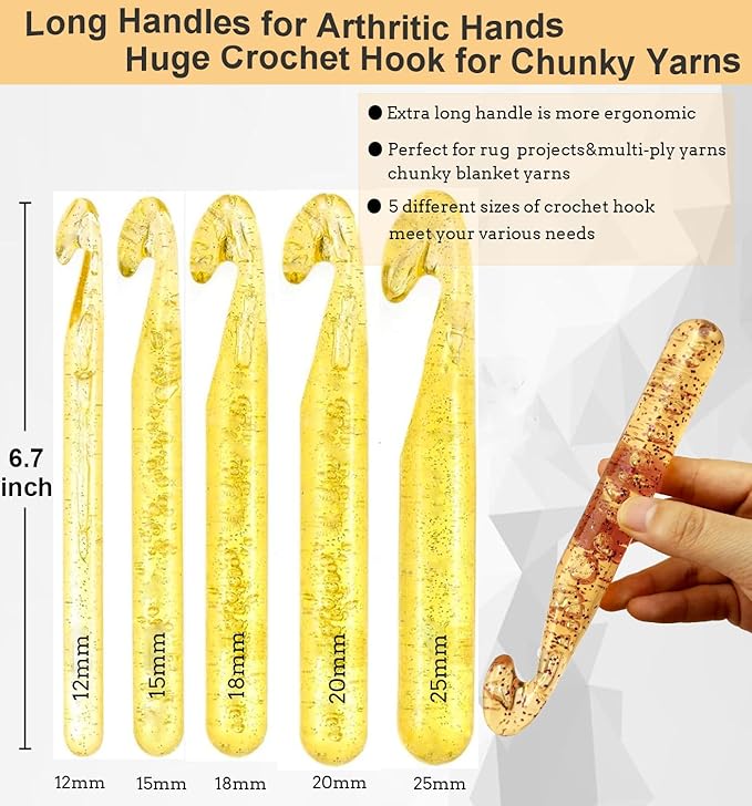 Weabetfu 5 Large Crochet Hook,25mm 20mm 18mm 15mm 12mm Size Crochet Hooks, Large Crochet Hooks for Chunky Yarn,24PCS Big Crochet Needles,10mm-25mm Crochet Hook with Case(Yellow)