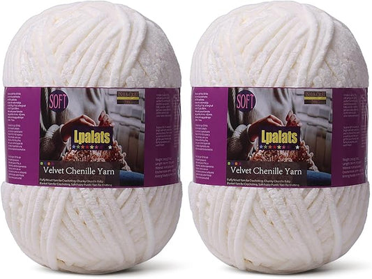 Baby Blanket Yarn for Crocheting - 2 Pack of 200g/7oz Chunky Chenille Yarn for Knitting Blankets Amigurumi - #6 Super Bulky - 348 Yards Soft Thick Plush Yarns (2, Milk White)