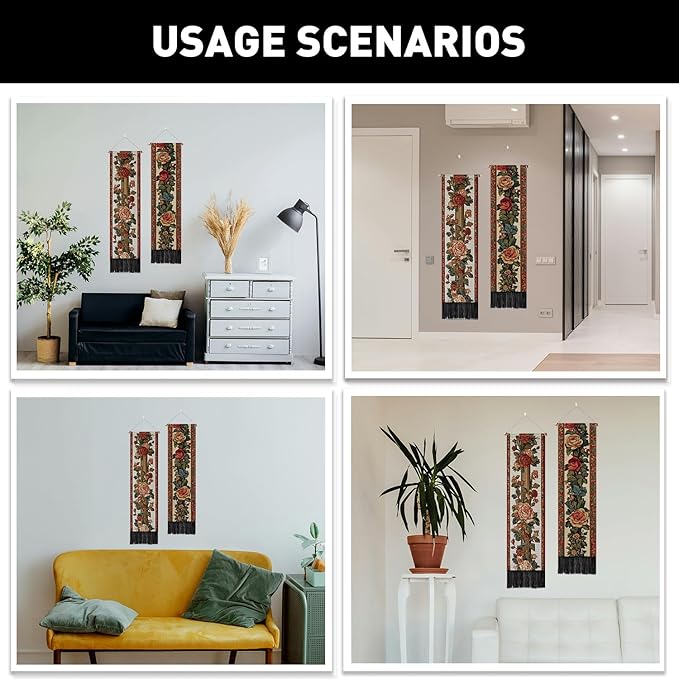 PLIGREAT 2 Pack Vintage Floral Tapestry with Tassels, 52" x 13" Rose Border Vine Aesthetic Wall Hanging Vertical Home Art Tapestry for Bedroom Living Room Bathroom Long Narrow Wall Hanging Art Decor