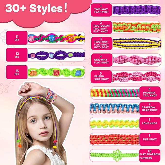suu66 friendship bracelet making kit for kids girls 6-12 years old - diy craft kit for bracelets, headbands, keychains, creative birthday gifts - pink