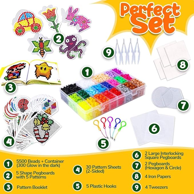 Goody King Arts and Crafts Fuse Beads Kit for Kids with Instruction - 5mm Pixel Art Melty Plastic Beads Set with 111 Patterns, 21 Assorted Colors Plus - School Teens Kids Age 4 5 6 7 8 and up