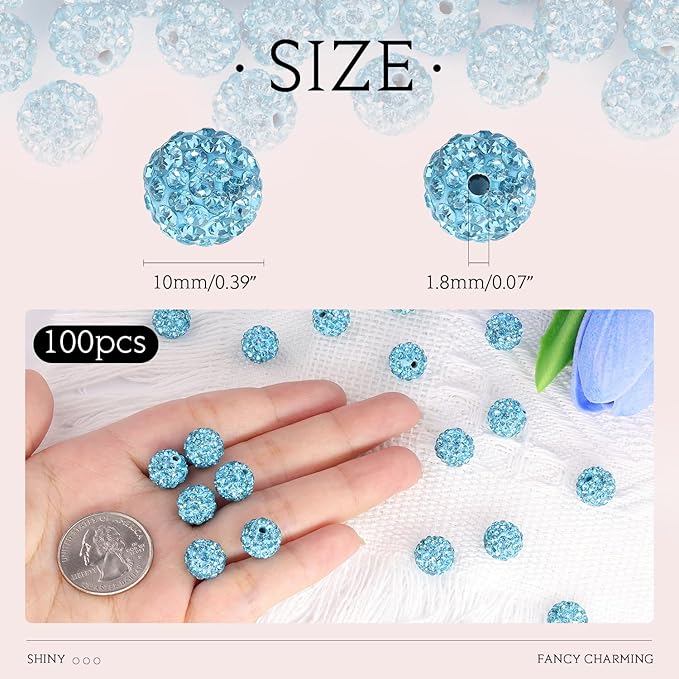 100 pcs 10mm Rhinestone Beads for Jewelry Making, Aquamarine Shiny Round Shamballa Disco Beads Bulk, Sparkle Crystal Clay Christmas for Bracelet Baseball Necklace Earring Crafting and DIY